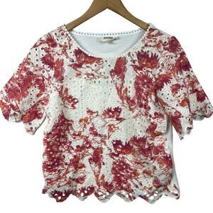 Porridge Anthropologie White Pink Arber Eyelet Short Sleeeve Top Size XS Bird
